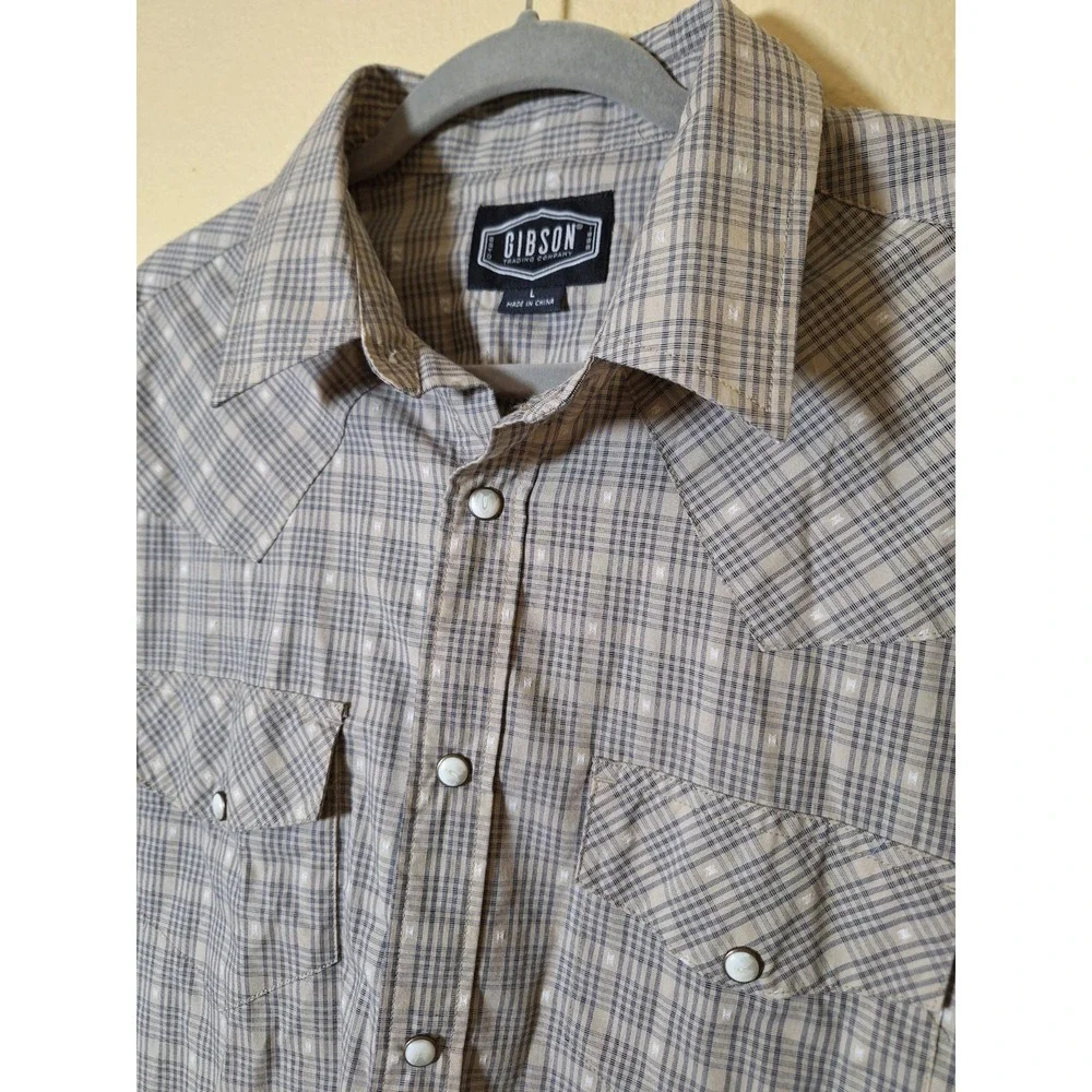 Gibson Shirt Mens L Grey Plaid‎ Pearl Snap Western Country Rodeo Retro